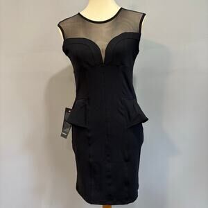 Y2K BEBE Black mesh peplum holiday party mini bodycon dress NWT, Size large